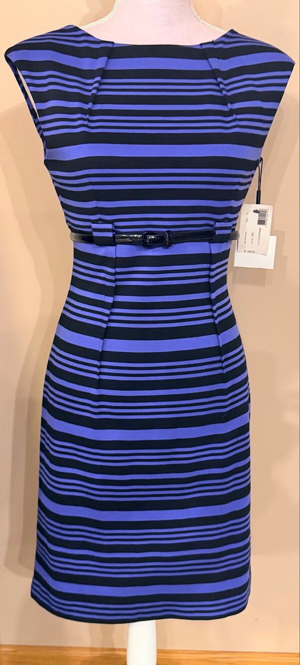 Calvin Klein Blue Black Striped Sheath Dress Size 2 Belted Career Cocktail NWT